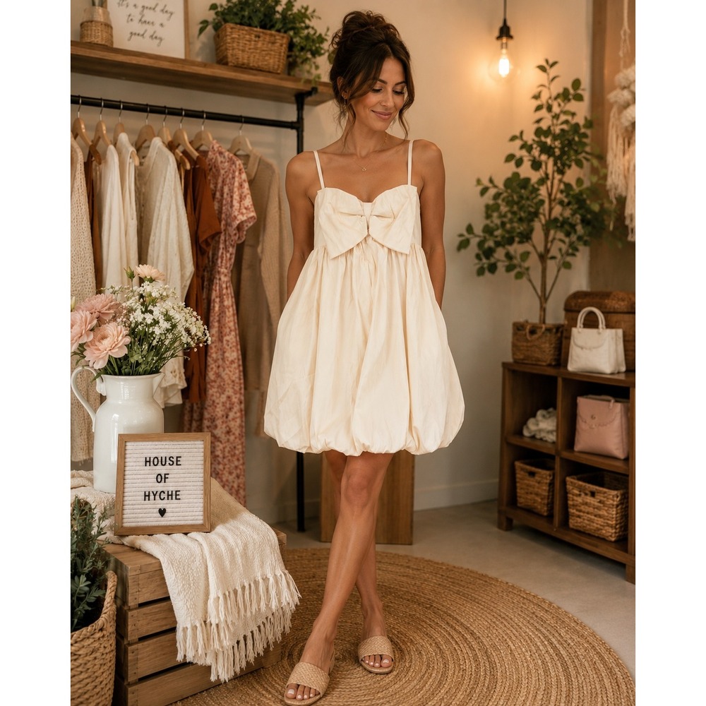 Urban Daily Beige Bow Front Bubble Hem Mini Dress Women Size Medium NWT Coquette